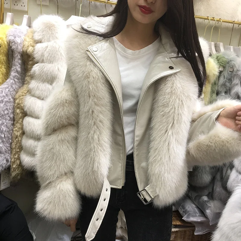 Office Lady Faux Fox Fur 2021 Winter New Fashion Women Short Zipper Jacket Female Stitching Model One Fur Parkas Overcoat