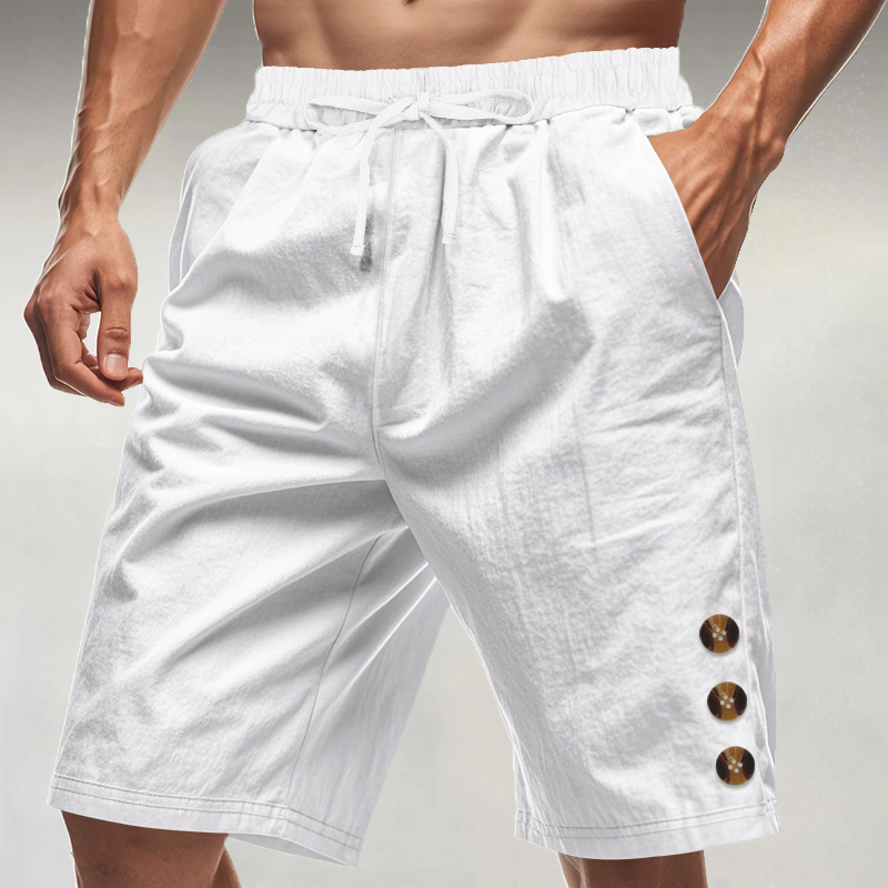 Men's Casual Flax Drawstring Elastic Waist Button Decor Shorts
