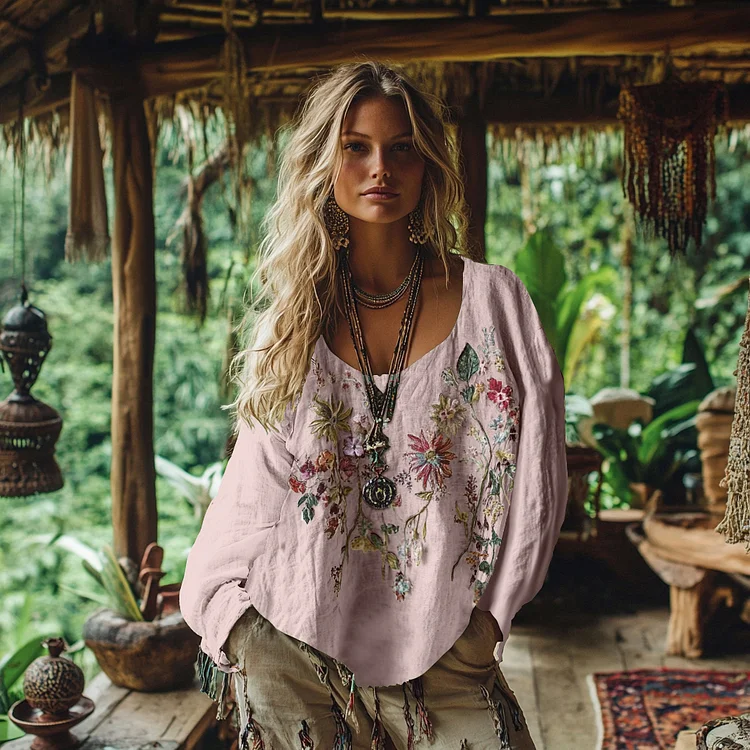 VChics Retro Bohemian Floral Embroidery Art Graphics Cotton And Linen Blend Loose Blouse