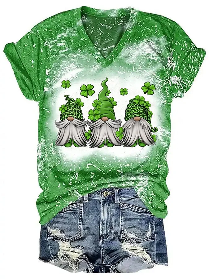 Women‘s St Patrick's Day Gnome Clover Tie-Dye Print Casual T-shirt socialshop