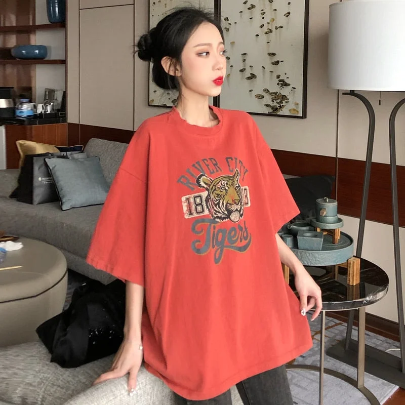 T-shirts Women Summer Breathable Trendy Korean Style Loose O-Neck Leisure Cartoon Kawaii Girls Harajuku Printed Chic Womens Tops