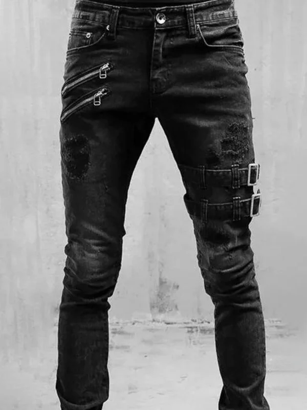 Gothic Dark Street Fashion Casual Washed Ripped Elastic Denim Jeans