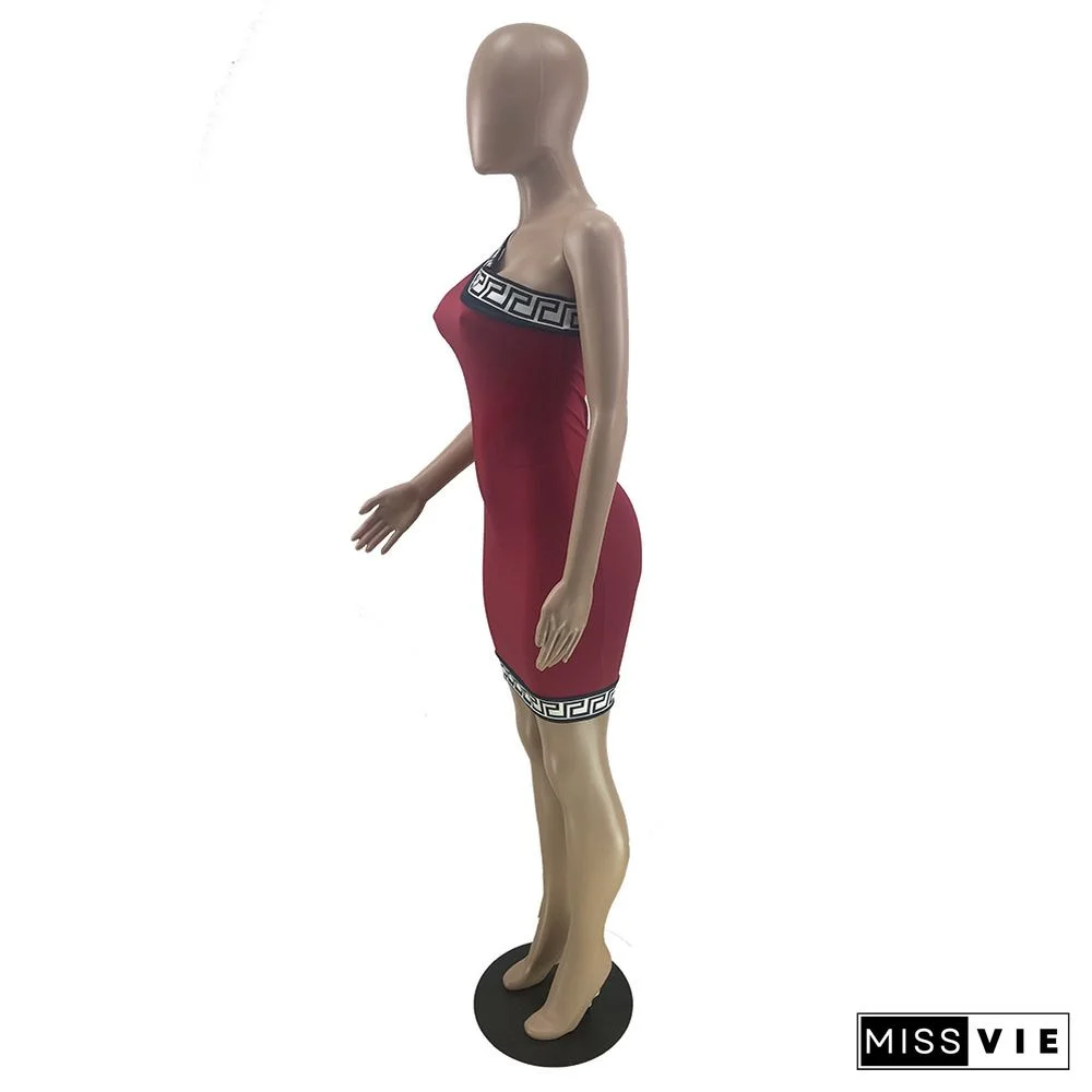 One Shoulder Sleeveless Patchwork Skinny Dress