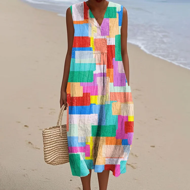 Women's Fashion Color Block Art Print Sleeveless Cotton Pocket Wrap V Neck Dress