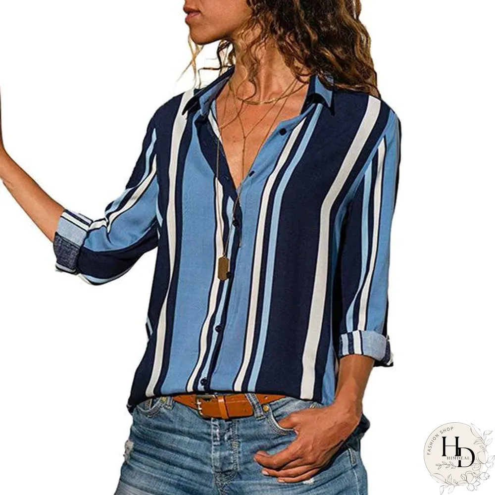 Women Color Block Striped Shirt Elegant Casual Long Sleeve Blouse