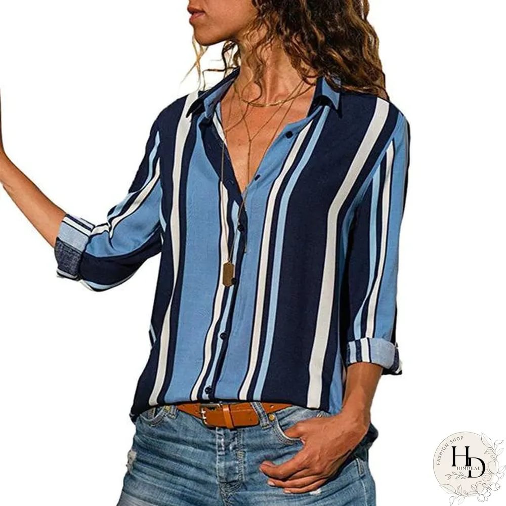 Women Color Block Striped Shirt Elegant Casual Long Sleeve Blouse