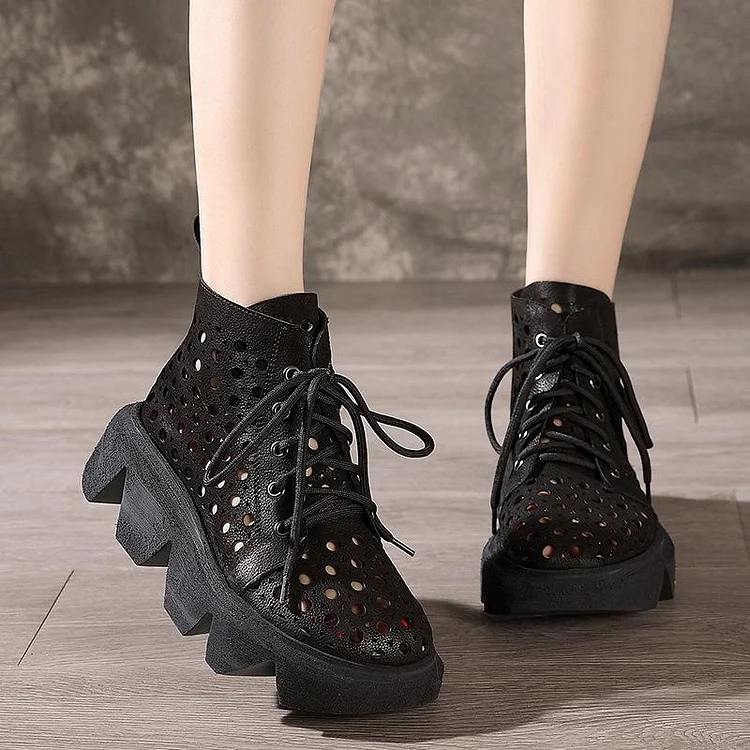 Leather Retro Lace-Up Thick-Soled Ethnic Hollow Boots