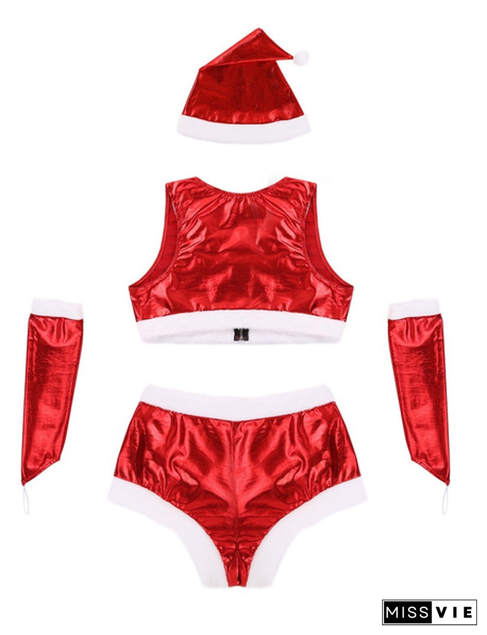 Womens Red 4Pcs Outfit Christmas Babe Outfit Costume White Flannel Trimmed Shiny Metallic Sleeveless Crop Top #S-XL