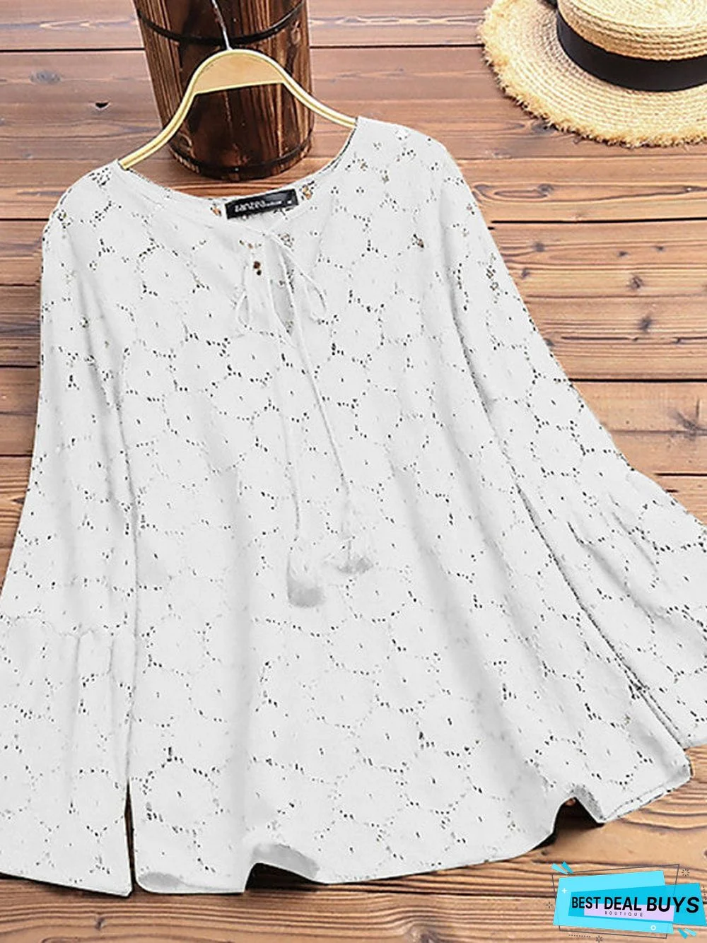 Women's Blouse Shirt Solid Colored Long Sleeve Lace Hollow Round Neck Tops Lace Basic Top White Black-826