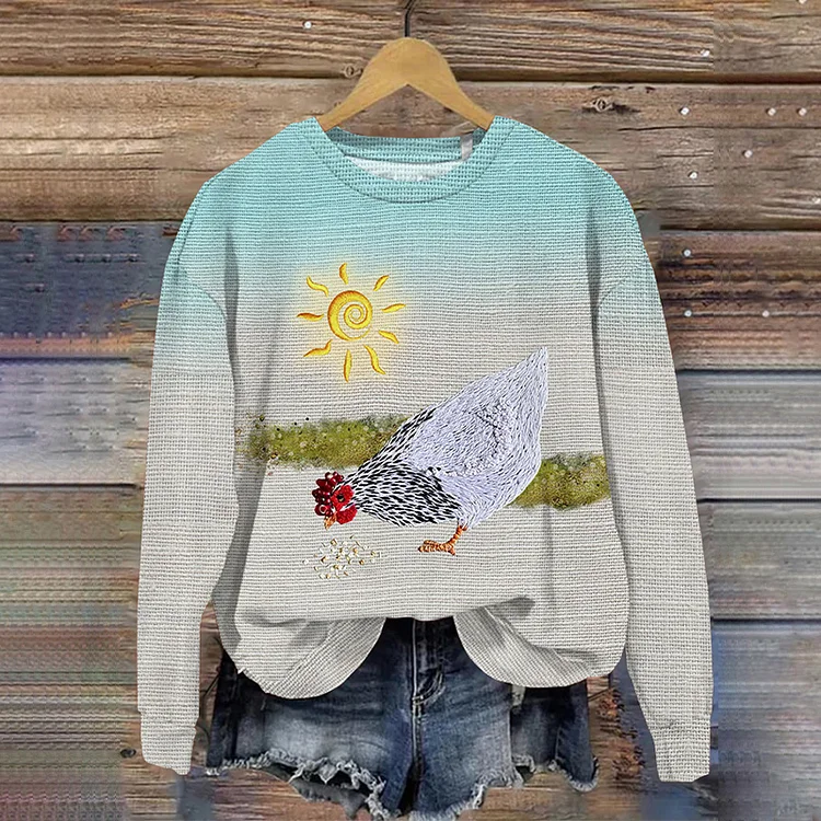 Wearshes Chicken Embroidery Art Print Crew Neck Sweatshirt