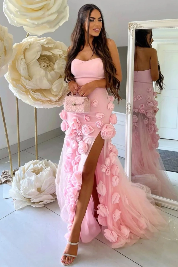 Ovlias Blushing Pink Strapless Sweetheart Prom Dress Split with Flower JQ0091