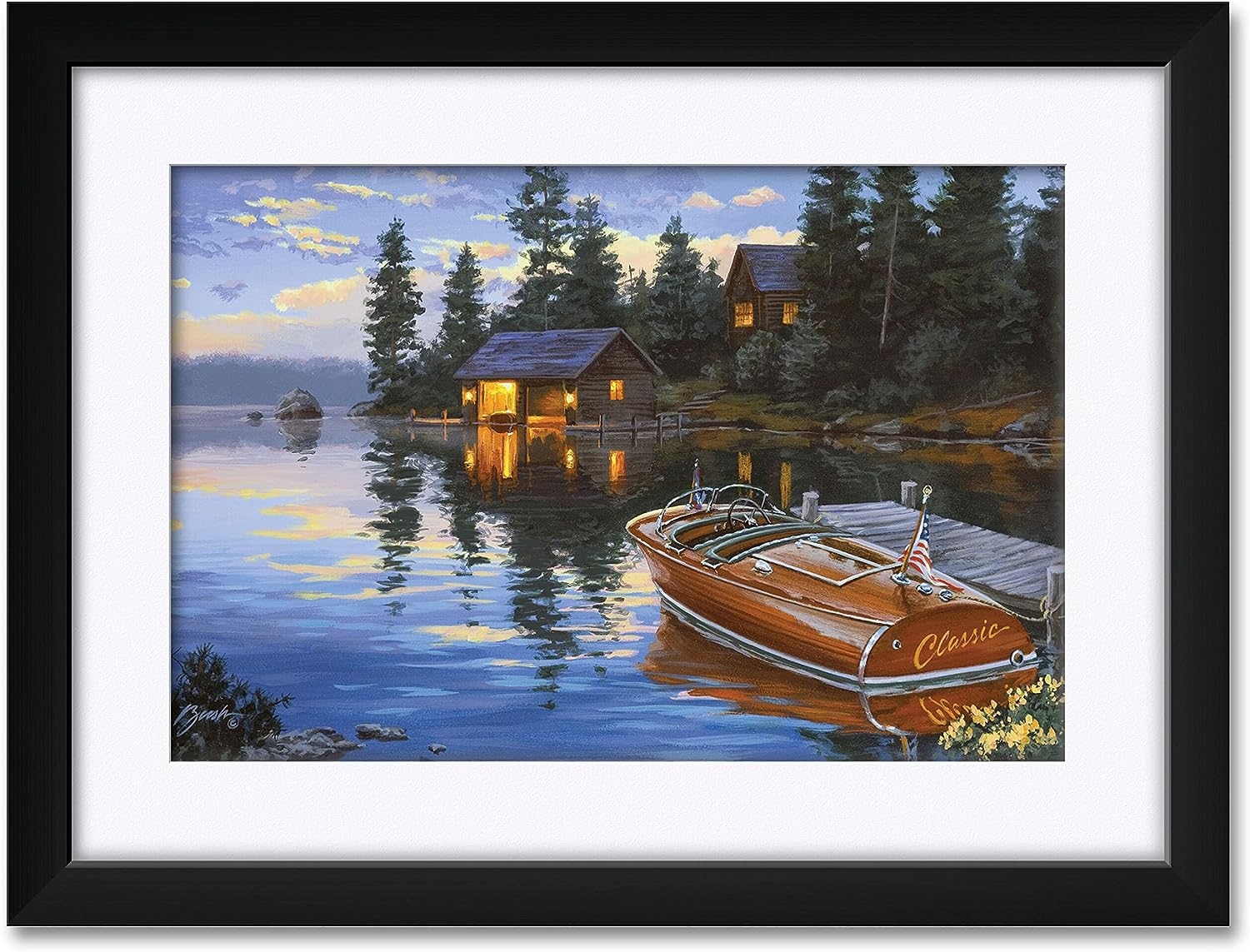 Lake Cabin & Chris-Craft Boat Professionally Framed & Matted Art Print from Watercolor by Outdoor and Wildlife Artist Darrell Bush Framed Art Size: 18 inch  x 24 inch  12&#034;x18&#034; Print / 18&#034;x24&#034; with Mat &amp; Frame