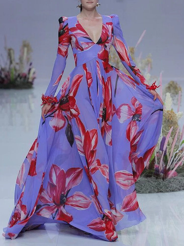 Elegant V Neck Floral Midi Dress