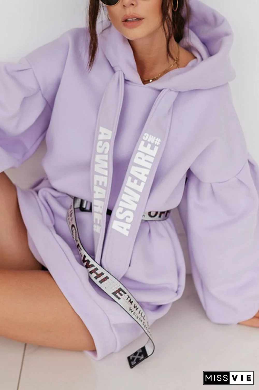 Letter Print Drawstring Hooded Dress