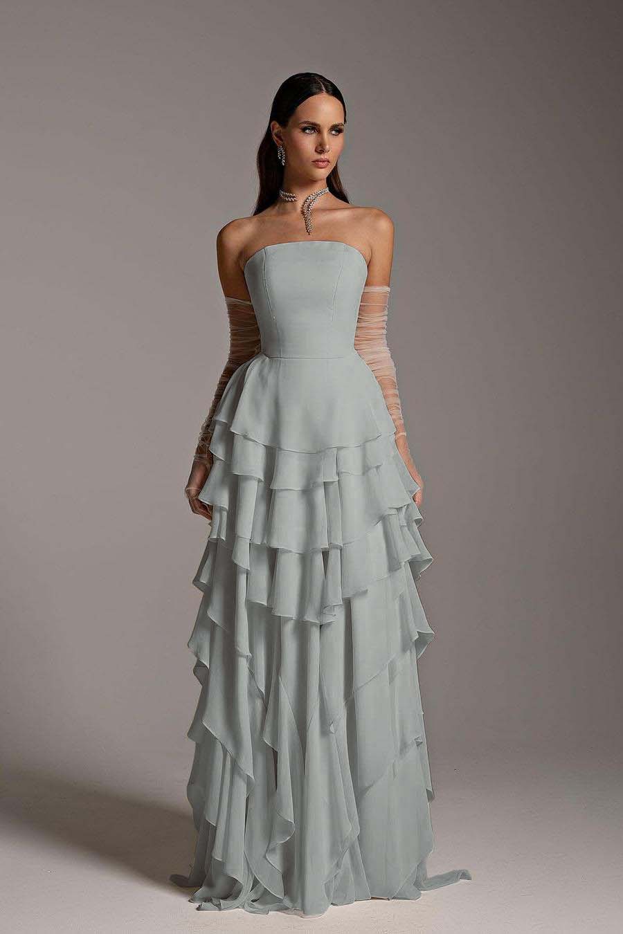 Hidais Charming Strapless Sleeveless Ruffles Long Prom Dress With Gloves