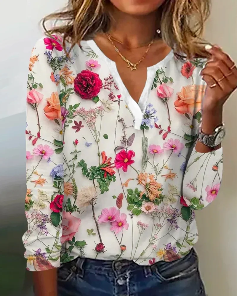 Trendy independent station print V-neck long sleeve T-shirt