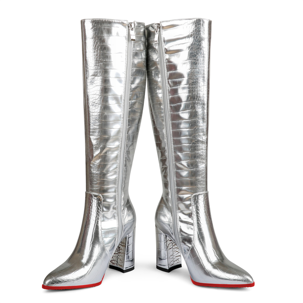 95mm Women's  Knee Boots Leather Red Bottom High Heels Mechanical Style Boots-MERUMOTE