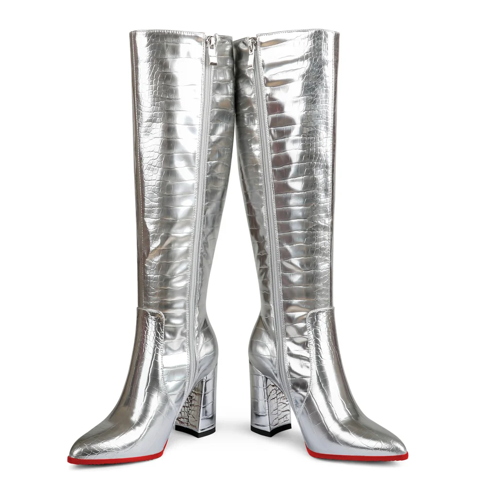95mm Women's  Knee Boots Leather Red Bottom High Heels Mechanical Style Boots-MERUMOTE