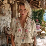 Women's Bohemian Floral Embroidered V-neck T-shirt - Image 4