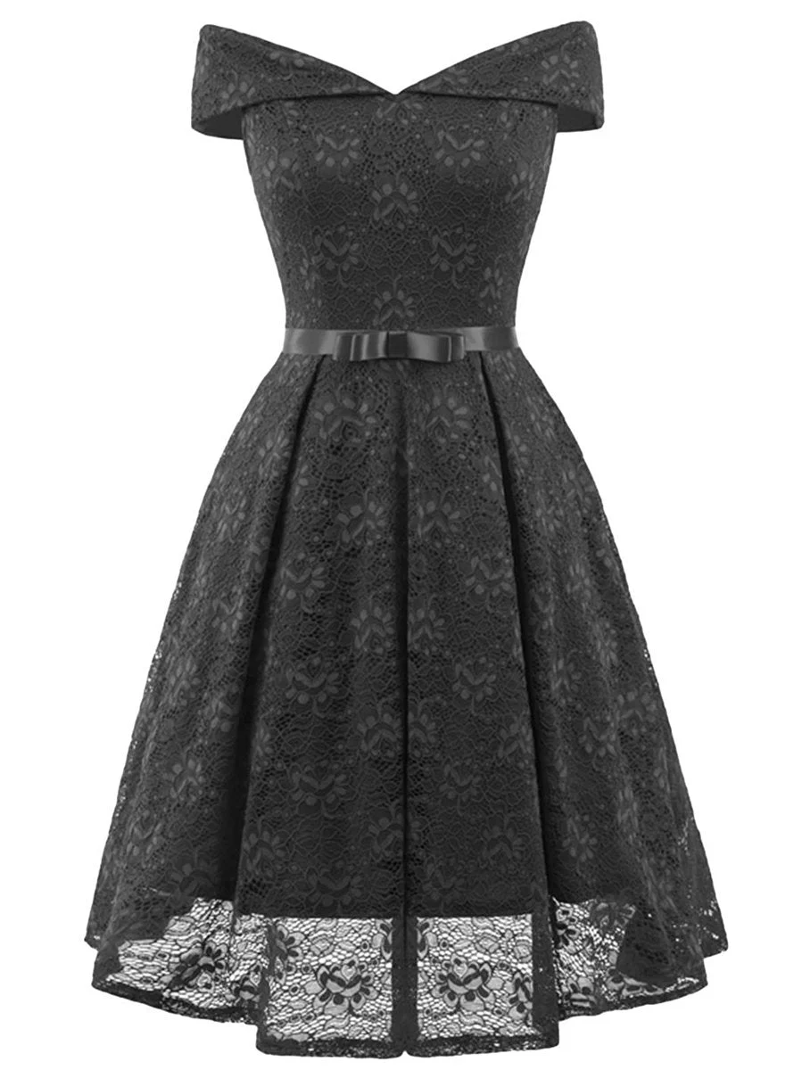 1950s Solid Color Elegant Lace With Bow Dress