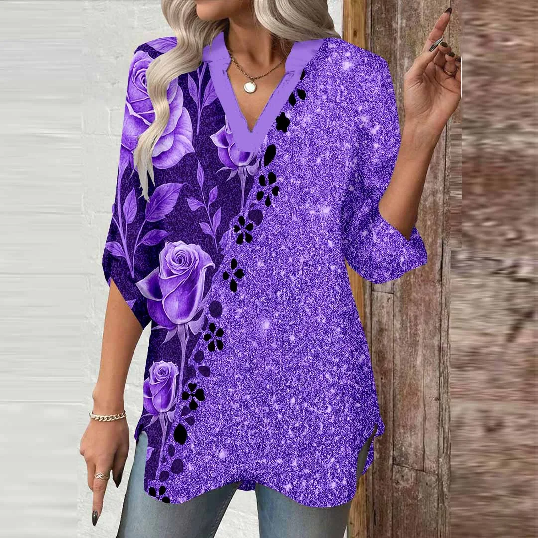 Women Floral,Purple,Shiny DZGA0773 3/4 Sleeve V-neck Printed Graphic Button Tops