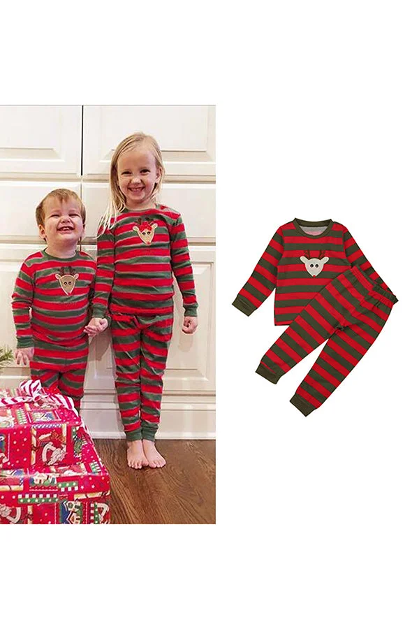 Cute Long Sleeve Reindeer Print Stripe Christmas Kids Pajama Suit Red-elleschic