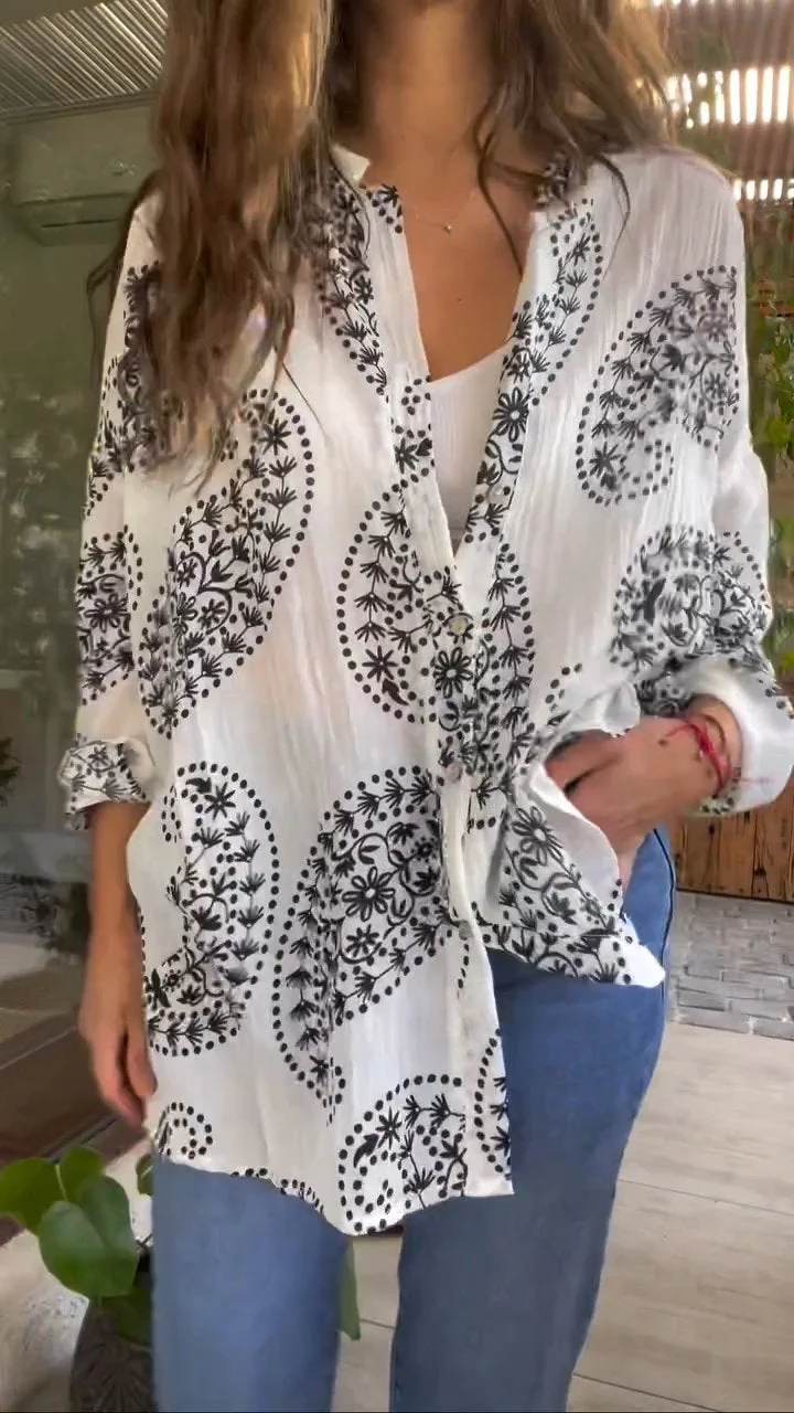 Retro Printed Cotton and Linen Top
