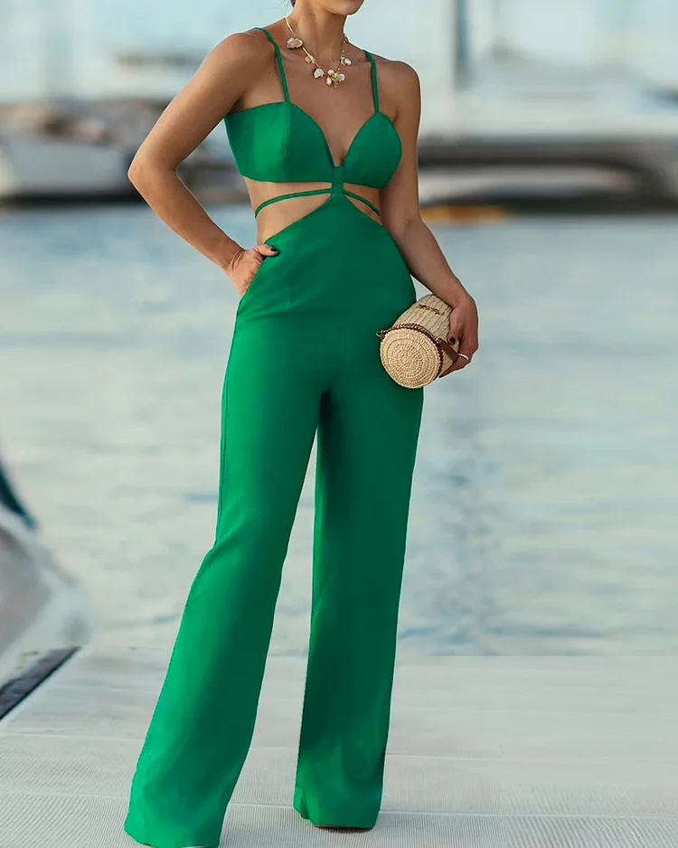 Sleeveless strappy solid color hollow jumpsuit