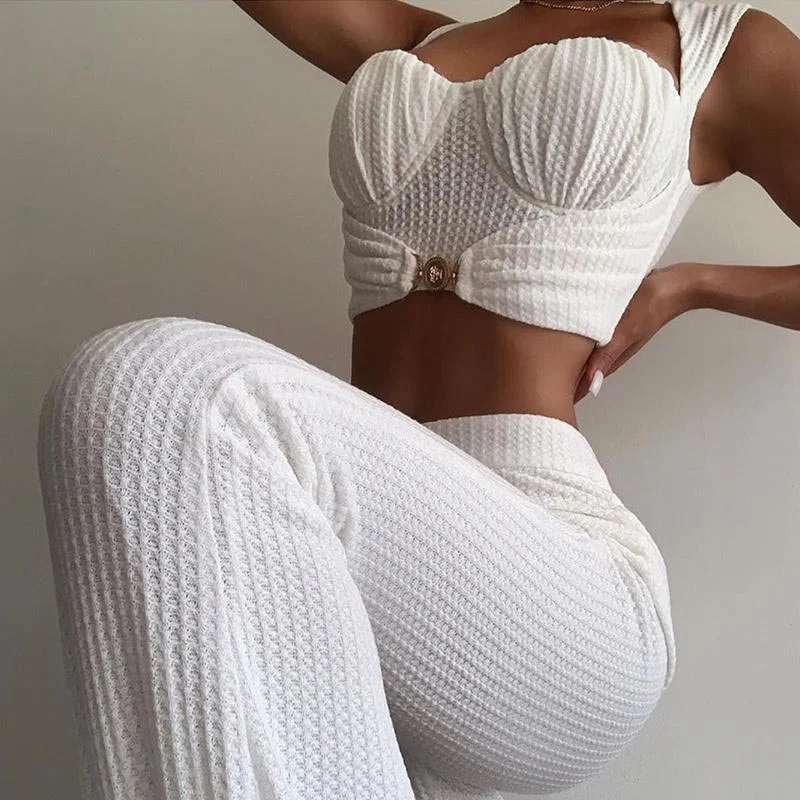 2021 Summer New Women's Fashion Sexy Bandage 2 Two-piece Set Sleeveless Tight Short Top & High Waist Flared Trousers Pants Set