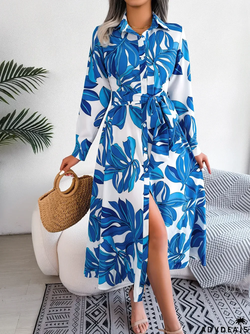Women Color Block Floral Turndown Collar Tie Shirt Maxi Dress