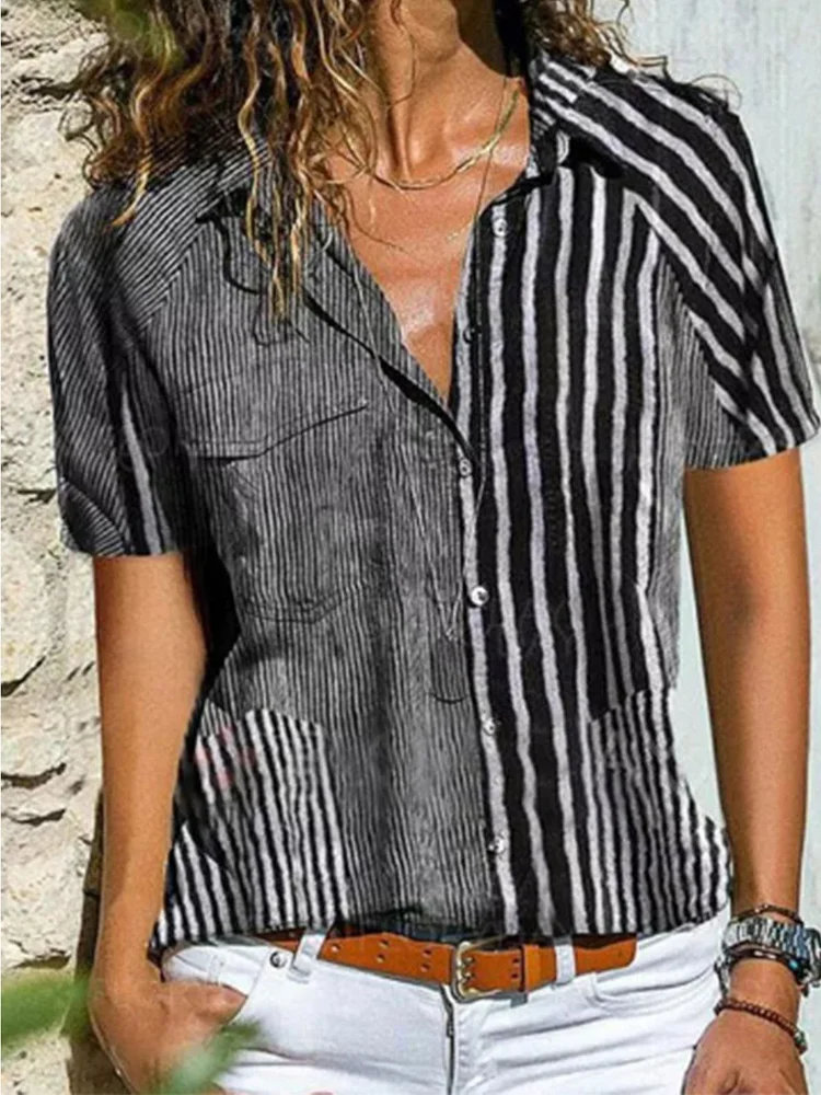 Bestdealfriday Summer Striped Pockets Blouses Casual Short Sleeve Tops 9033762