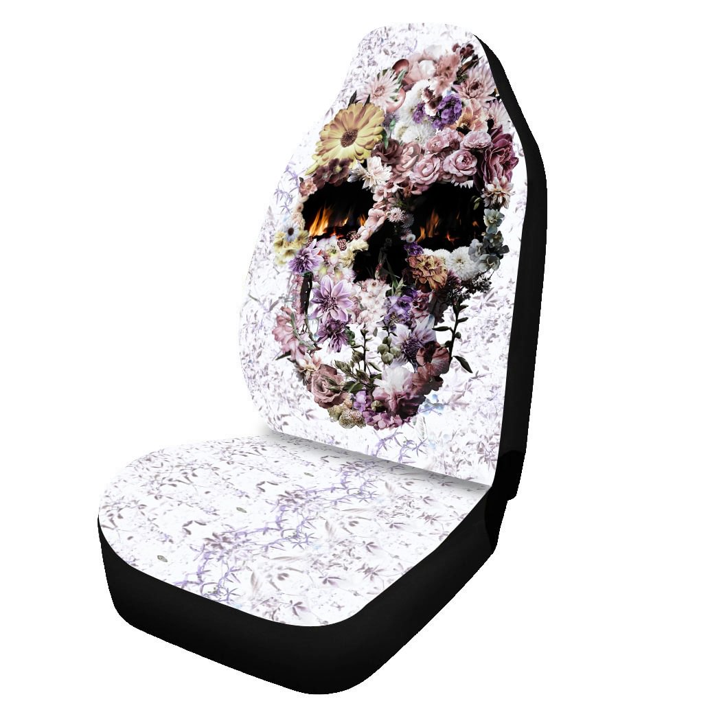 Flower Skull Printed Front Car Seat Covers. Protector Car Mat Covers, Fit Most Vehicle, Cars, Sedan, Truck, SUV, Van