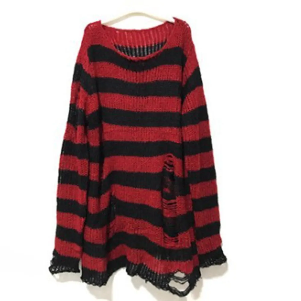 Halloween 200 Gothic Knitted Sweater Women Long Pullovers Striped Loose Winter Ripped Plus Size Sweaters Jumpers Mujer Jersey 924