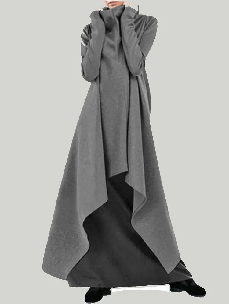 Solid High Neck Asymmetrical Hem Sweatshirt Dress