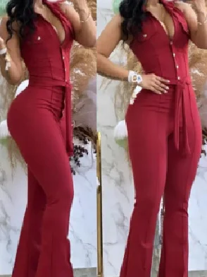 Mongw Mongw Women's Wear Elegant V-Neck Button Pocket High Waist Strap Solid Color Slim Jumpsuit