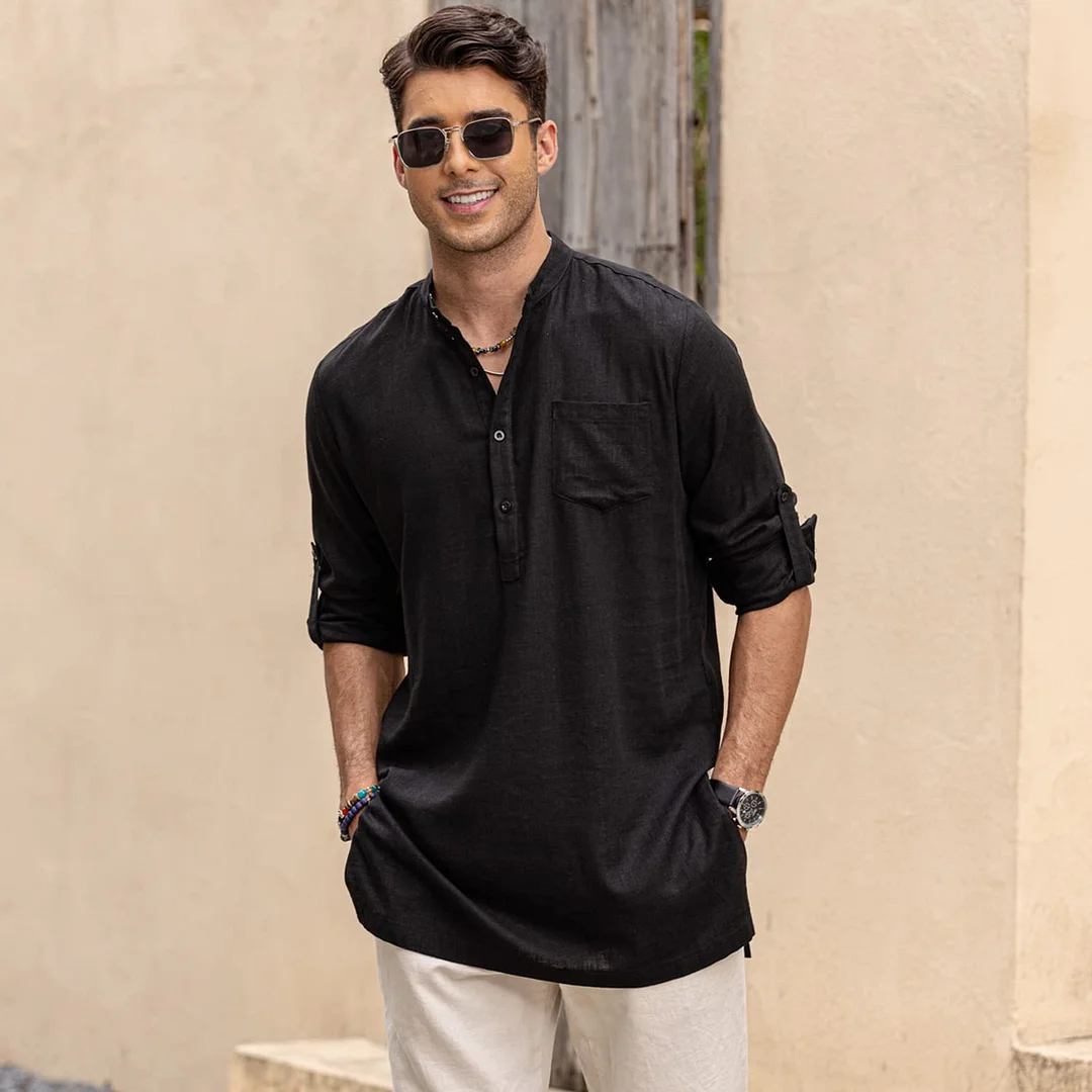 Linen Henley Long Sleeve Shirts with Pocket 