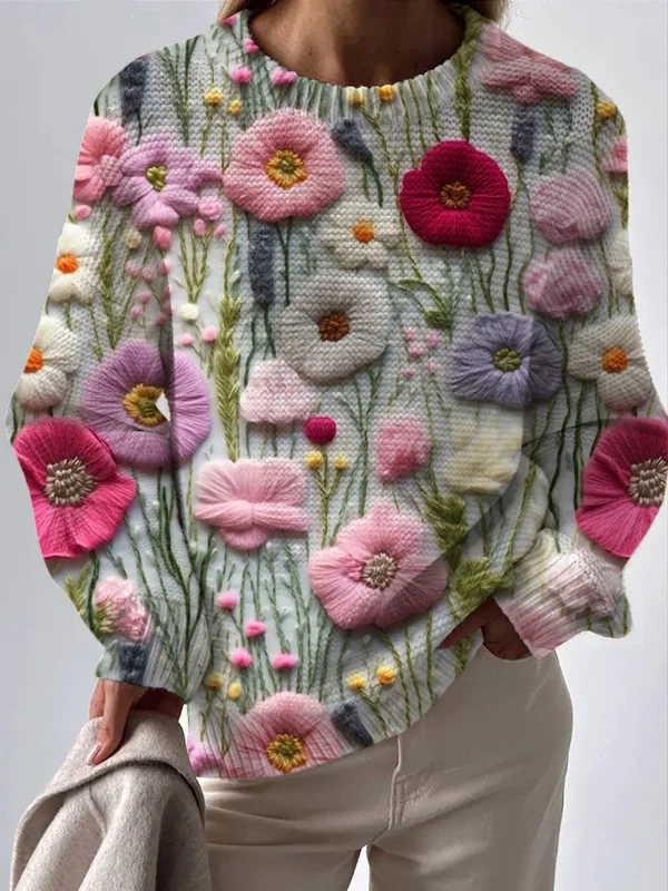 Women's Floral Embroidery Art Print Knit Sweatshirt