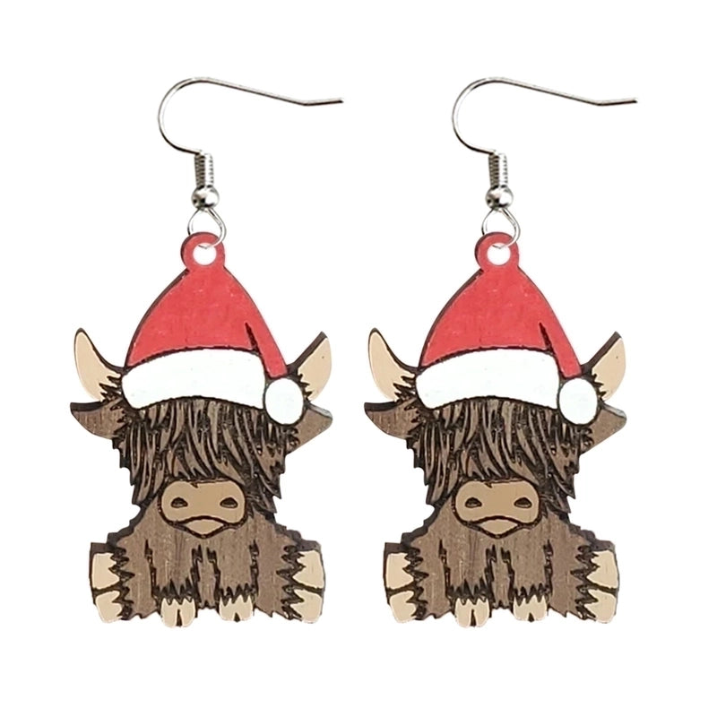 Retro Christmas Hat Cattle Wood Printing Christmas Women’s Earrings 1 Pair