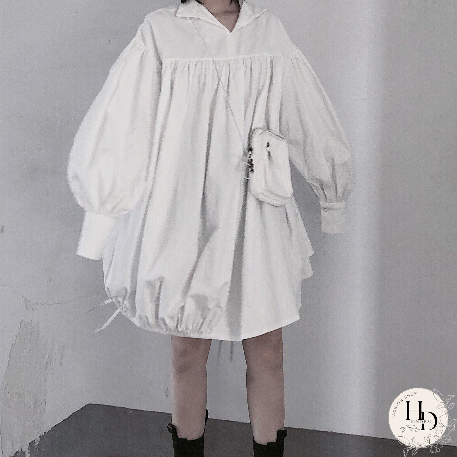 Modern White Dresses O Neck Drawstring loose Dress