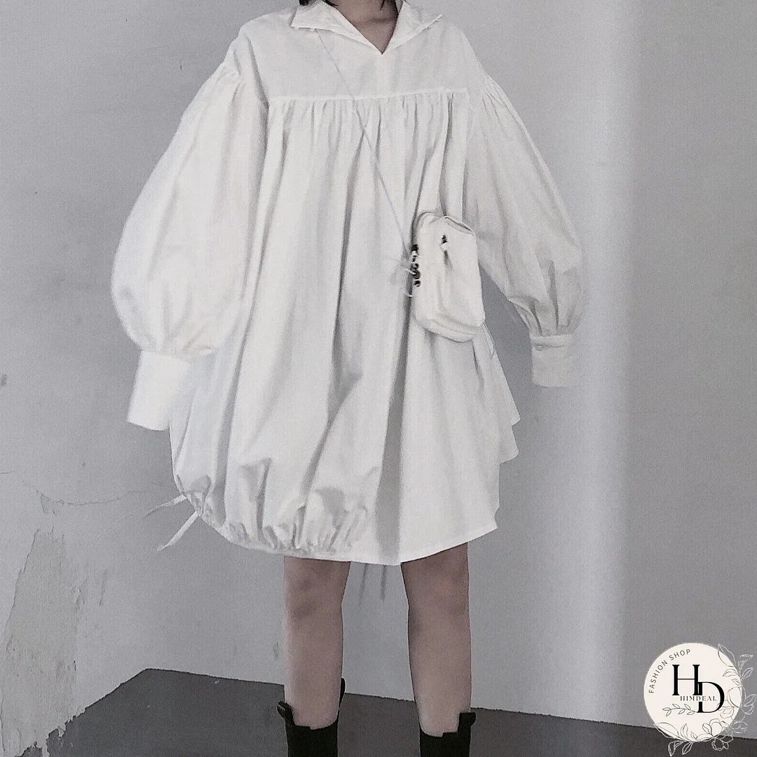 Modern White Dresses O Neck Drawstring loose Dress