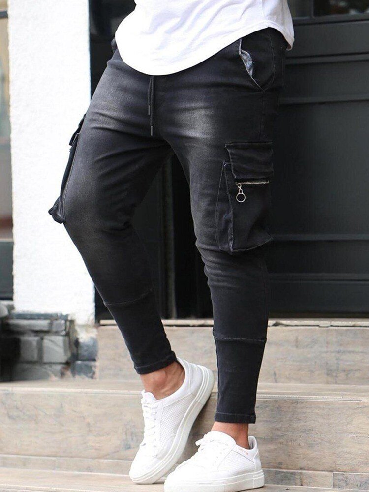 2020 Winter New Men's Warm Slim Fit Jeans Business Fashion Thicken Denim Trousers Stretch Multiple Pocket Zipper Logo Brand Pant