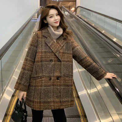 New Women Plaid Wool Blends Coat Winter Autumn Fashion Elegant Tweed Woolen Outerwear Female