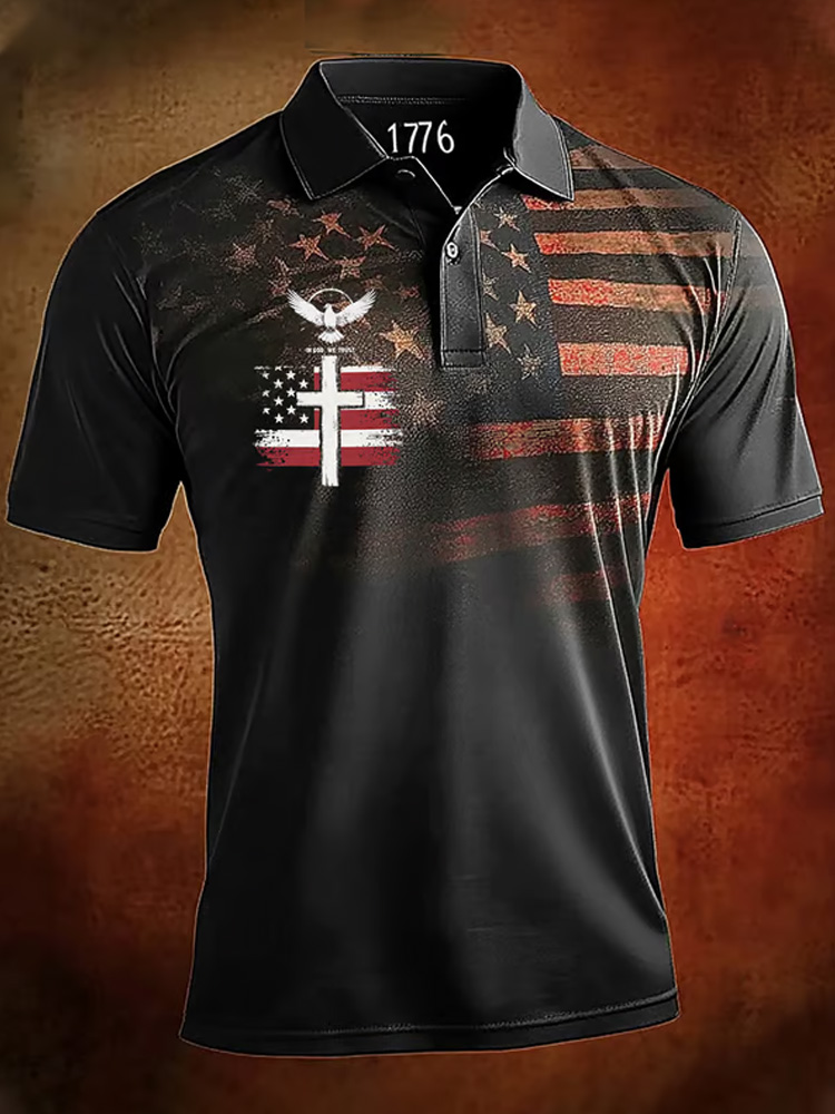 Comstylish Men's Retro Independence Day Flag Print Polo Shirt