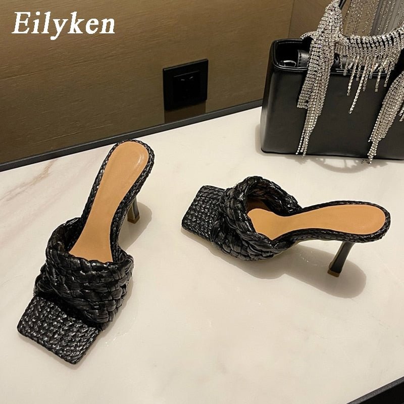 Eilyken 2022 New Summer Design Weave Square Toe Heels High Quality Slippers Gladiator Beach Womens Sandal Slides Shoes