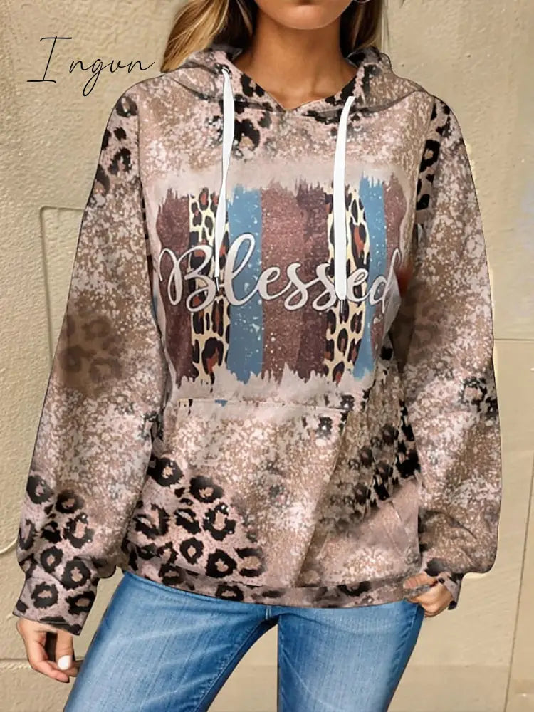 Ingvn - Women’s Hoodie Sweatshirt Pullover Basic Drawstring Front Pocket Brown Graphic Street