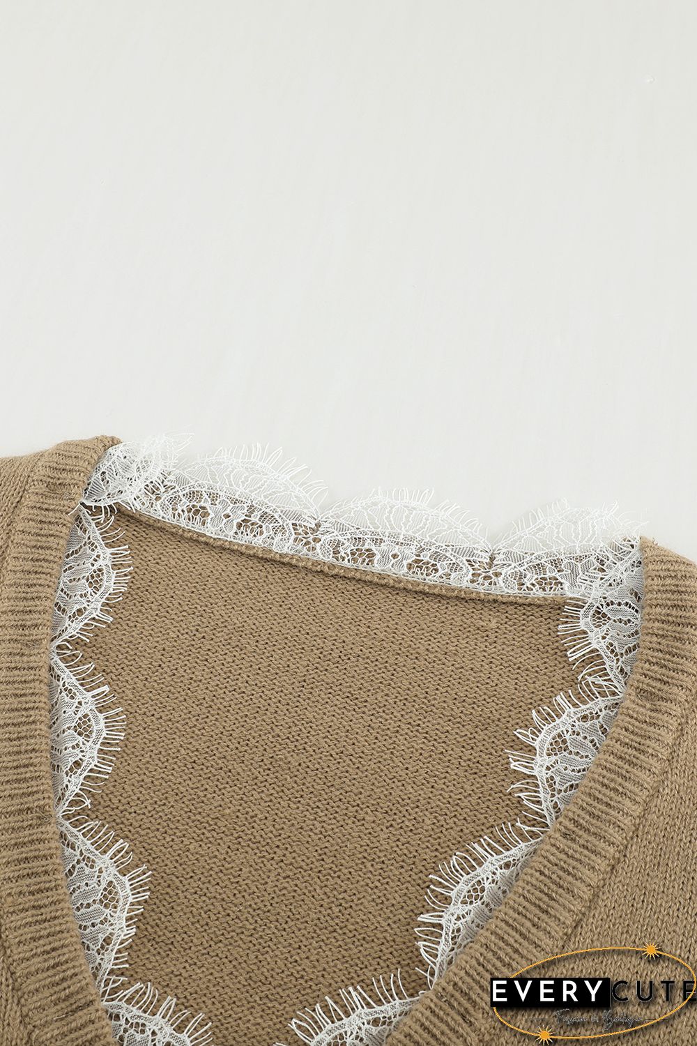 Khaki Eyelash V Neck Knitted Sweater