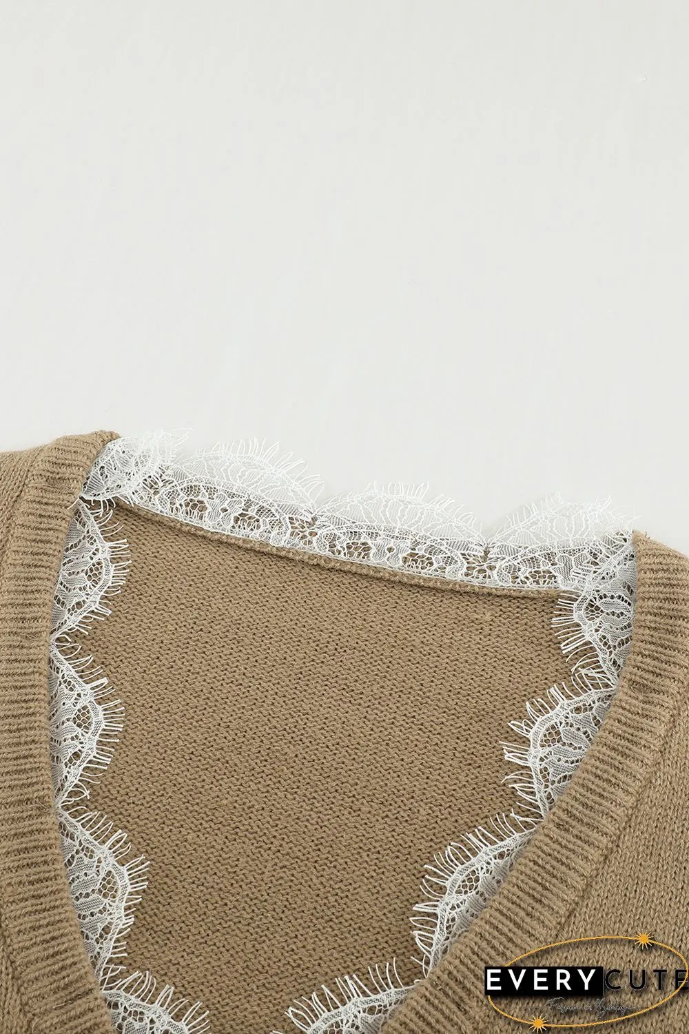 Khaki Eyelash V Neck Knitted Sweater