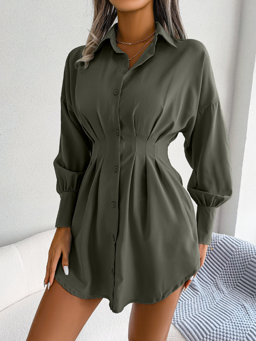 Mature Women's Lantern Sleeve Waist-tight Asymmetric Mini Dress