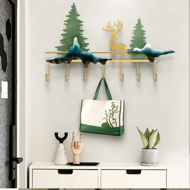 Homemys Nordic Wind 3D Metal Elk Landscape Count Wood Hooks Home Wall Decor Art