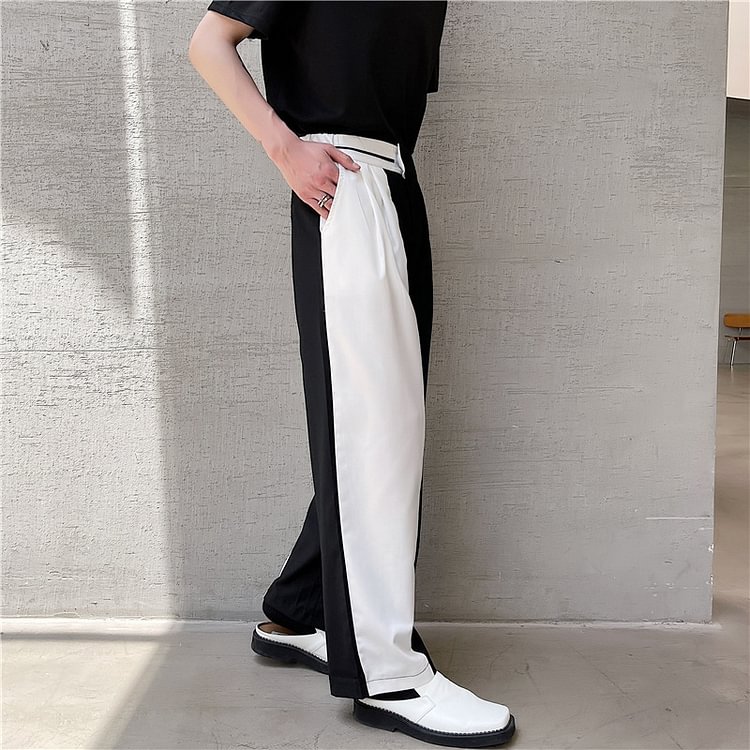 Dawfashion-Black and White Contrast Color Asymmetric Casual Suit Pants-Yamamoto Diablo Clothing